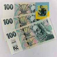 Varianta tří kusů 100 Kč bankovek vzor 1997, 2018 bez přítisku, 2018 pamětním přítiskem k sto letům měny (ČNB 1997-2019) 3S07