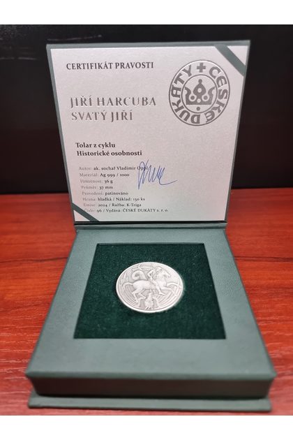 Stříbrná medaile Svatý Jiří - Jiří Harcuba (ČD 2024) s podpisem autora (ak.sochař Vladimír Oppl)