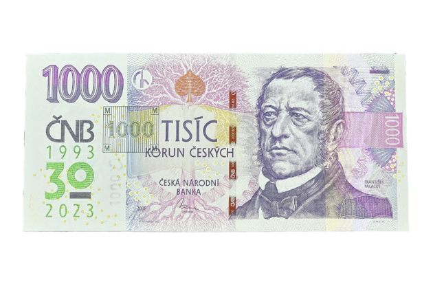  1000 Kč vzor 2008 s přítiskem 30. výročí ČNB a české měny R63 000499 (ČNB 2023)