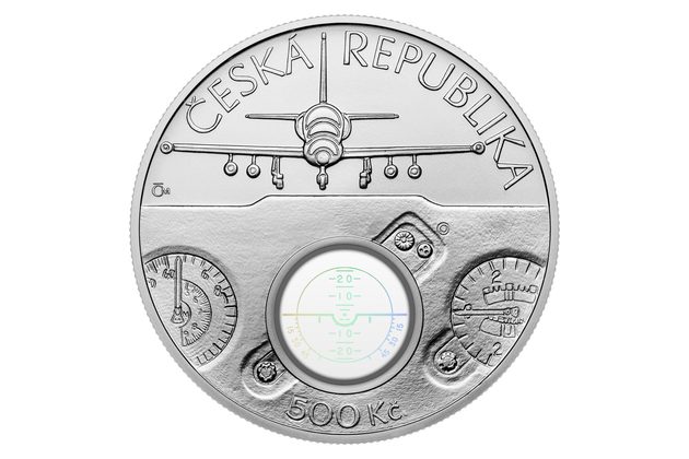 Stříbrná mince 500 Kč s optickým průhledovým prvkem - Letoun Aero L-39 Albatros standard (ČNB 2025)