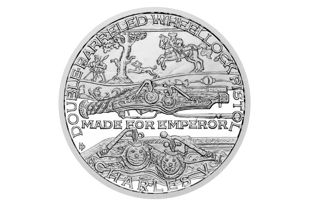 Stříbrná mince Střelné zbraně - Dvouhlavňová pistole pro císaře Karla V. proof (ČM 2025)