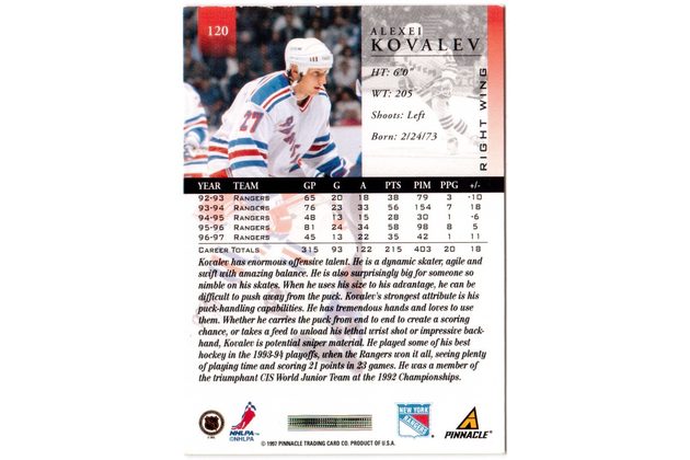 HK394 - Pinacle karta - Alexei Kovalev č. 120 (1997-98)