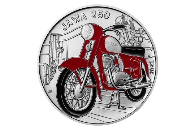 Stříbrná mince 500 Kč ručně smaltováno - Motocykl Jawa 250 standard (ČNB 2022)