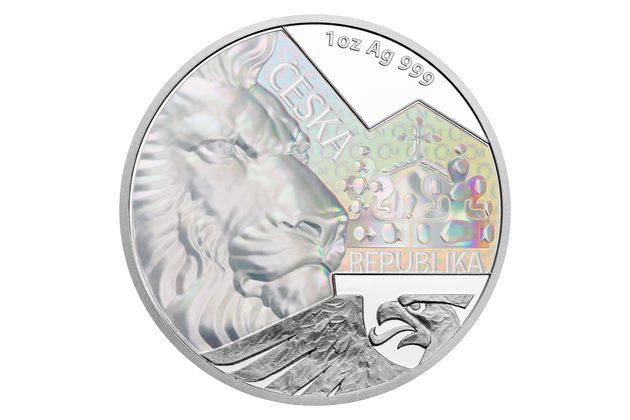 Stříbrná uncová investiční mince Český lev s hologramem proof (ČM 2023)