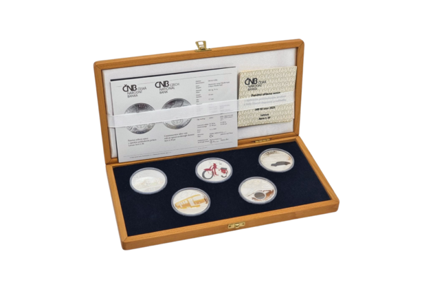 Sada 5ks stříbrných mincí Slavné dopravní prostředky PROOF (ČNB 2021 - 2025)